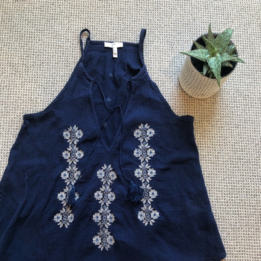 Joie Navy Tank with embroidery and tassel ties xs